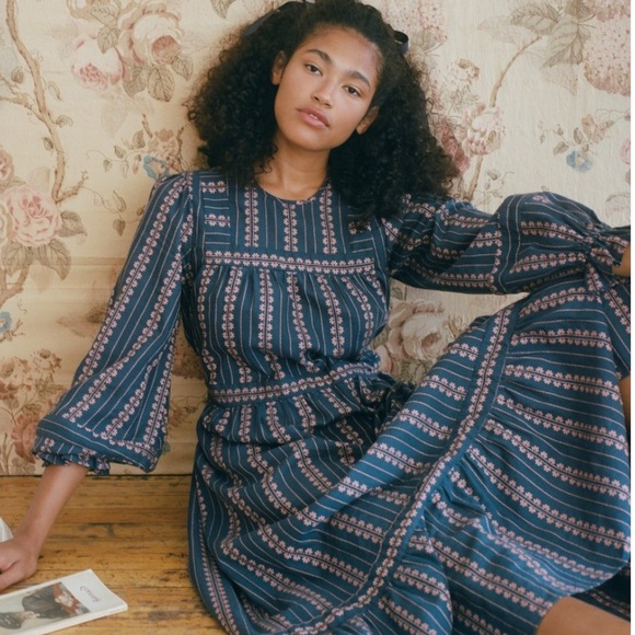 Christy Dawn Corinne Dress Indigo Zinnia Stripe 100% cotton Midi Dress - Picture 1 of 9